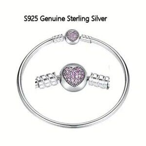 Sterling Silver Pink Pave Heart Bangle Bracelet 7.5" and 8.3"